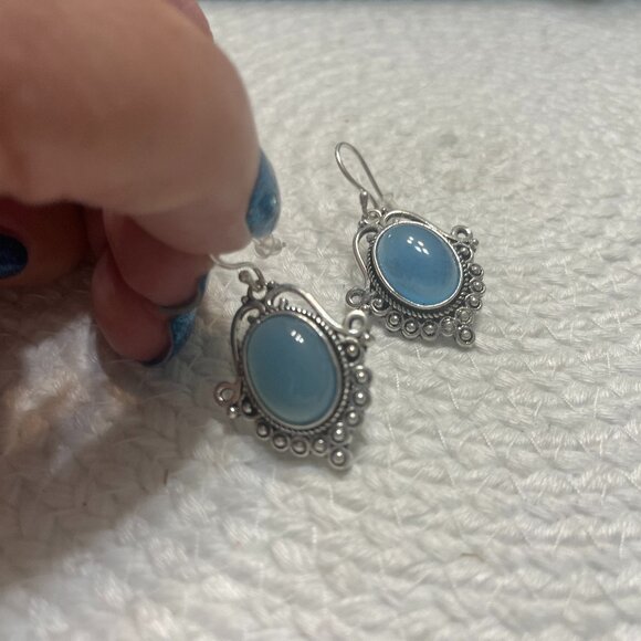 Victorian BLUE CHALCEDONY Handmade Sterling 925 Dangle Earrings #290D - Picture 1 of 3